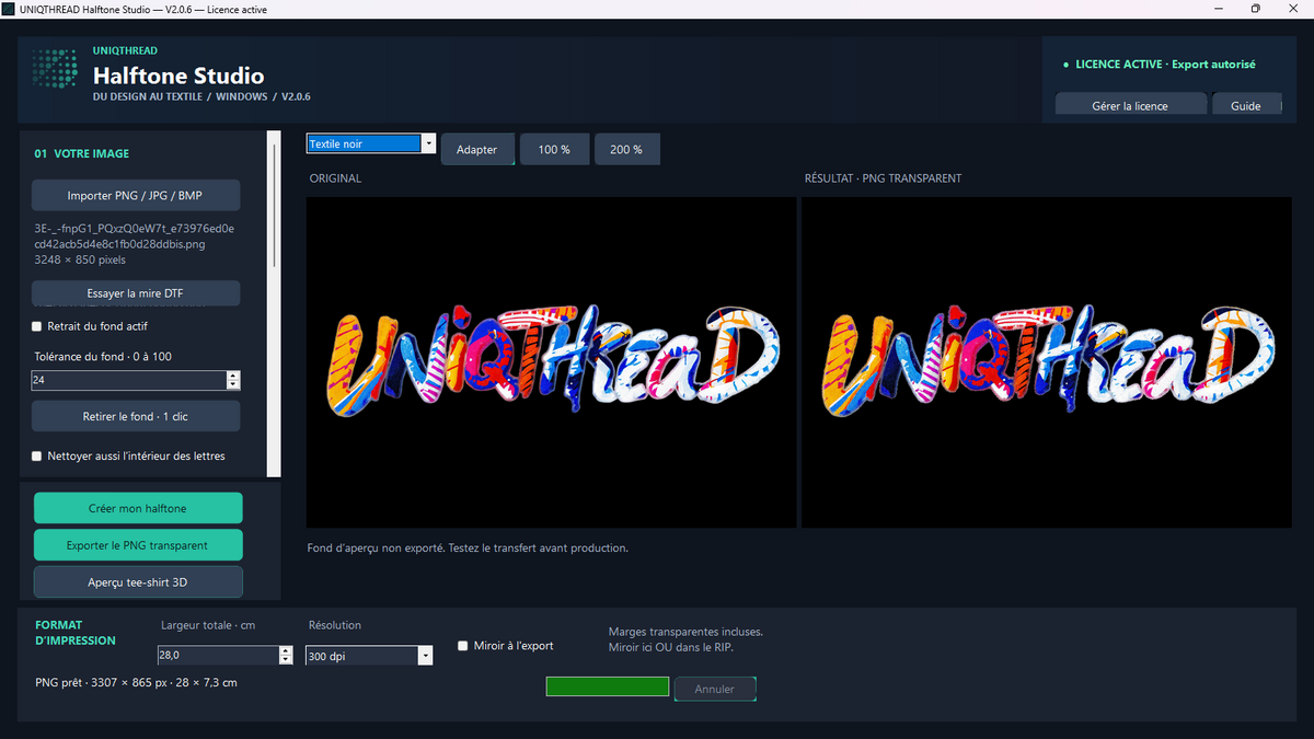 UNIQTHREAD Halftone Studio — Logiciel Windows de préparation de designs DTF