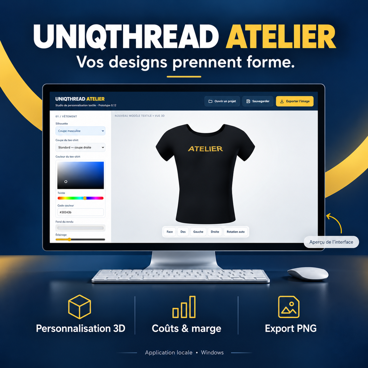 UNIQTHREAD Atelier : personnalisation de tee-shirt 3D, coûts et export PNG — illustration de l’interface