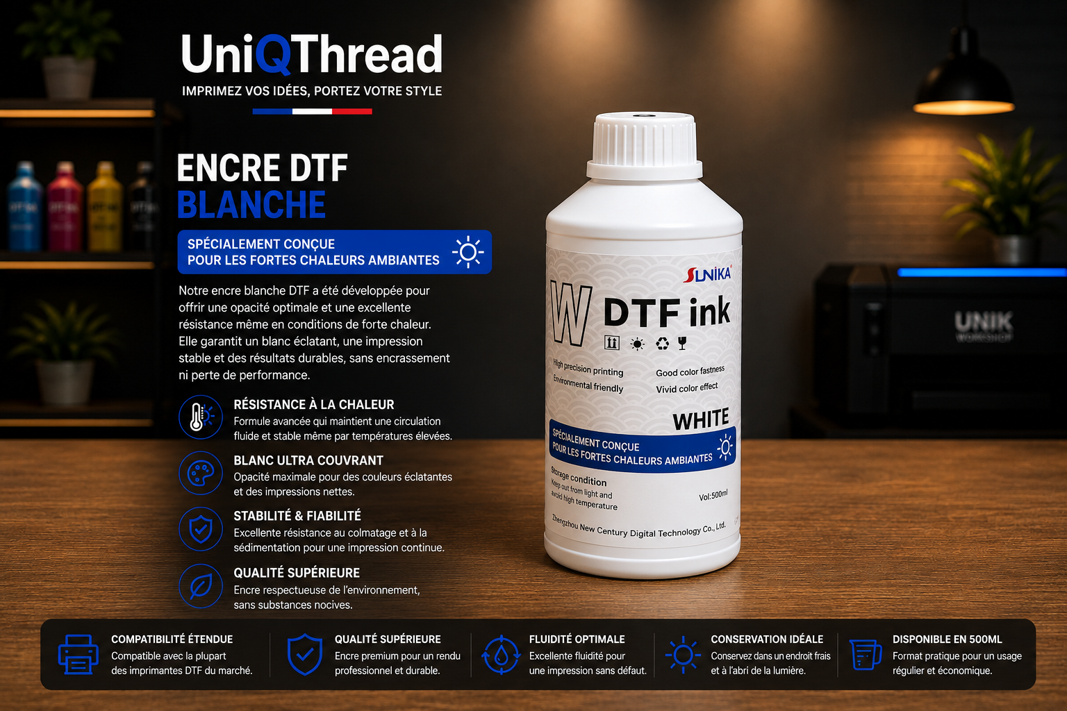 Encre DTF Blanche Premium 500 ml – Impression Stable Même par Forte Chaleur